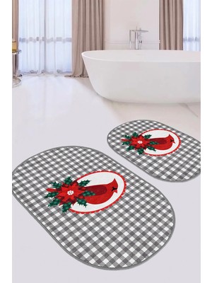 Rem Home Remhome Gri Ekose Zeminli Kırmızı Kuş Motifli 2'li Oval Kaymaz Tabanlı Banyo & Mutfak Paspas Takımı Takım Banyo Paspası