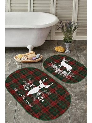 Rem Home Remhome Mery Christmas Temalı Geyik Motifli Dijital Baskılı 2'li Oval Kaymaz Taban Banyo & Mutfak Paspas Set Takım Banyo Paspası