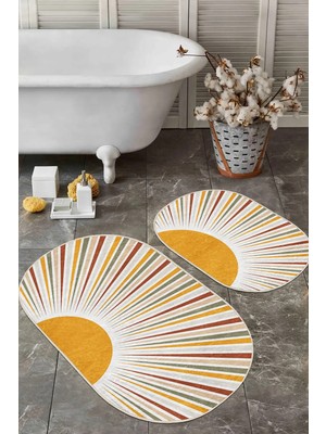 Rem Home Remhome Güneş Temalı Renkli Çizimli Dijital Baskılı 2'li Oval Kaymaz Tabanlı Banyo & Mutfak Paspas Takımı Takım Banyo Paspası