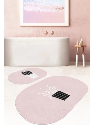 Rem Home Remhome Pembe Zemin Saksılı Kaktüs Dijital Baskılı 2'li Oval Kaymaz Tabanlı Banyo & Mutfak Paspas Takımı Takım Banyo Paspası