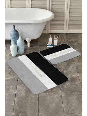 Rem Home Remhome Pastel Renkli Hello Beatiful Temalı 2'li Kaymaz Tabanlı Banyo & Mutfak Paspas Takımı Takım Banyo Paspası