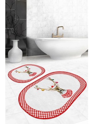 Rem Home Remhome Kırmızı Dama Çerçeveli Yılbaşı Temalı Geyik 2'li Oval Kaymaz Tabanlı Banyo & Mutfak Paspas Takımı Takım Banyo Paspası