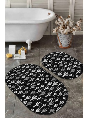 Rem Home Remhome Siyah Beyaz Kaktüs Motifli Dijital Baskılı 2'li Oval Kaymaz Tabanlı Banyo & Mutfak Paspas Takımı Takım Banyo Paspası