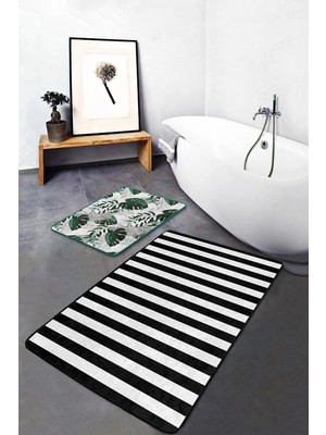 Rem Home Remhome Siyah Beyaz Çizgili Tropik Yaprak Motifli 2'li Banyo Halısı & Klozet Paspas Takımı Takım Banyo Paspası