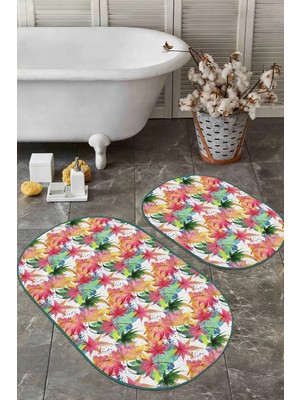 Rem Home Remhome Renkli Sonbahar Yaprakları Özel Tasarım 2'li Oval Kaymaz Tabanlı Banyo & Mutfak Paspas Takımı Takım Banyo Paspası