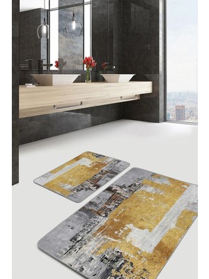 Rem Home Remhome 2'li Set Gri - Gold Zeminde Altın Motifli Yağlıboya Desenli Modern Klasik 2'li Banyo Paspas Takımı Takım Banyo Paspası