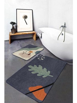 Rem Home Remhome Soyut Tasarımlı Onedraw Motifli Dijital Baskılı 2'li Kaymaz Tabanlı Banyo & Mutfak Paspas Takımı Takım Banyo Paspası