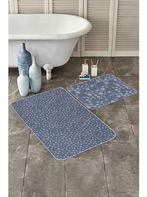 Rem Home Remhome Mavi Kod Desenli Dijital Baskılı 2'li Kaymaz Tabanlı Banyo & Mutfak Paspas Takımı Takım Banyo Paspası
