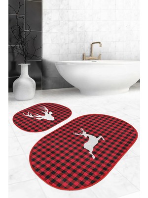 Rem Home Remhome Kırmızı Ekose Geyik Motifli 2'li Oval Kaymaz Tabanlı Mutfak Paspas Seti & Banyo Paspas Takımı Takım Banyo Paspası
