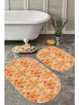 Rem Home Remhome Turuncu Ebru Sanatı Desenli 2'li Oval Kaymaz Tabanlı Banyo Halı Takımı & Klozet Paspas Seti Takım Banyo Paspası