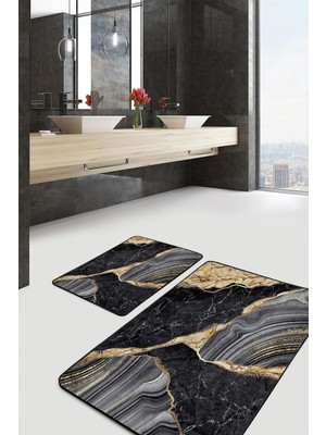 Rem Home Remhome Gold - Siyah Zeminde Mermer Motifli Modern Sanat Sade & Şık Klasik 2'li Banyo & Mutfak Paspas Takımı Takım Banyo Paspası