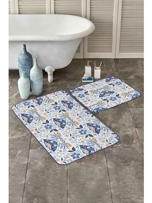 Rem Home Remhome Mavi Çini Motifli Kelebek Tasarımlı Dijital Baskılı 2'li Kaymaz Tabanlı Banyo & Mutfak Paspas Takımı Takım Banyo Paspası