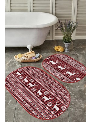 Rem Home Remhome Yılbaşı Temalı Kanaviçe Motifli Geyik Özel Tasarım 2'li Oval Kaymaz Taban Banyo & Mutfak Paspas Seti Takım Banyo Paspası