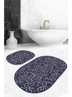 Rem Home Remhome Lacivert Zemin Denizci Temalı Dijital Baskılı 2'li Oval Kaymaz Tabanlı Banyo & Mutfak Paspas Takımı Takım Banyo Paspası