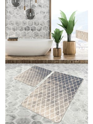 Rem Home Remhome 2'li Set Krem Zeminde Baklava Motifli Eskitme Geometrik Eskitme Motifli 2'li Banyo Paspas Takımı Takım Banyo Paspası