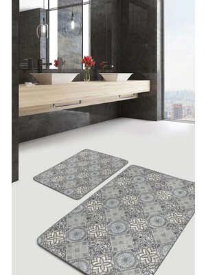Rem Home Remhome 2'li Set Gri Zeminde Art Deco Motifli Antika Desenli Geometrik Sade & Şık 2'li Banyo Paspas Takımı Takım Banyo Paspası