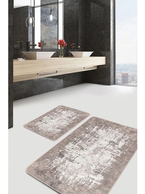 Rem Home Remhome Krem - Bej Zeminde Dokuma Halı Motifli Kilim Eskitme Motifli Sade & Şık 2'li Banyo Paspas Takımı Takım Banyo Paspası