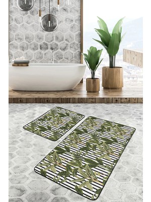 Rem Home Remhome Siyah Beyaz Çizgili Tropik Yaprak Motifli 2'li Mutfak Paspas Takımı & Banyo Paspas Seti Takım Banyo Paspası