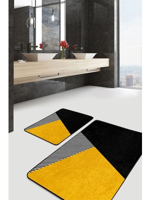 Rem Home Remhome Sarı - Siyah Zeminde Geometrik Motifli Modern Geometrik Sade & Şık 2'li Banyo & Mutfak Paspas Takımı Takım Banyo Paspası