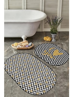 Rem Home Remhome Siyah Beyaz Zigzag Gold Detaylı Love Temalı 2'li Oval Kaymaz Tabanlı Banyo & Mutfak Paspas Takımı Takım Banyo Paspası