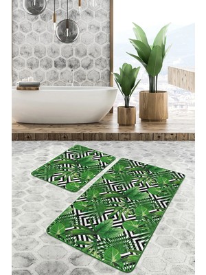 Rem Home Remhome Geometrik Zemin 3D Yaprak Tasarımlı 2'li Kaymaz Tabanlı Banyo & Mutfak Paspas Takımı Takım Banyo Paspası