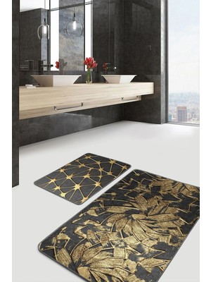 Rem Home Remhome Gold Detaylı Fırça Darbeleri 2'li Banyo Paspas Seti & Klozet Paspas Takımı Takım Banyo Paspası