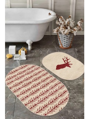 Rem Home Remhome Krem Zeminli Geyik Motifli 2'li Oval Kaymaz Tabanlı Mutfak Paspas Seti & Banyo Paspas Takımı Takım Banyo Paspası
