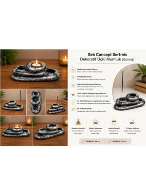 Meks Seb Concept Sertmix Dekoratif Üçlü Mumluk (Gümüş)