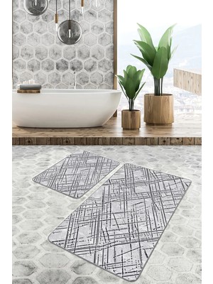 Rem Home Remhome 2'li Set Gri - Siyah Zeminde Çizgili Motifli Eskitme Geometrik Klasik 2'li Banyo Paspas Takımı Takım Banyo Paspası