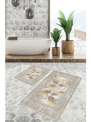 Rem Home Remhome 2'li Set Gold - Krem Zeminde Çerçeveli Motifli Çiçek Sade & Şık Modern 2'li Banyo Paspas Takımı Takım Banyo Paspası