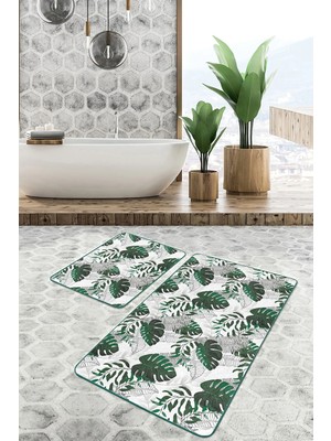 Rem Home Remhome Tropik Yaprak Tasarımlı 2'li Banyo Halı Takımı & Banyo Paspas Takımı Takım Banyo Paspası