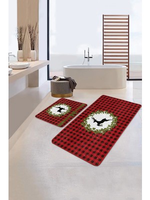Rem Home Remhome Kırmızı Ekose Motifli Yılbaşı Temalı Geyik 2'li Kaymaz Tabanlı Banyo & Mutfak Paspas Takımı Takım Banyo Paspası