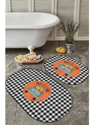 Rem Home Remhome Siyah Ekose Motifli Welcome Temalı 2'li Oval Banyo Halısı Seti & Klozet Paspas Takımı Takım Banyo Paspası