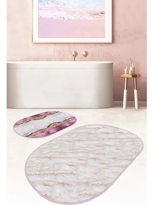 Rem Home Remhome Mermer Motifli Mor Mermer Detaylı 2'li Oval Kaymaz Tabanlı Banyo & Mutfak Paspas Takımı Takım Banyo Paspası
