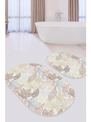 Rem Home Remhome Kurumu Renkli Sonbahar Yaprakları Özel Tasarım 2'li Oval Kaymaz Tabanlı Banyo & Mutfak Paspas Takımı Takım Banyo Paspası
