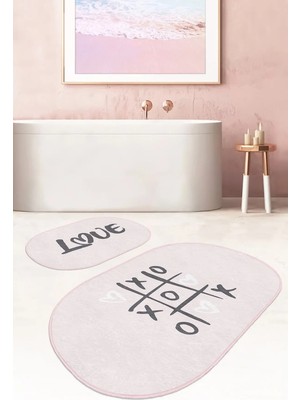 Rem Home Remhome Love Temalı Pembe Zemin Dijital Baskılı 2'li Oval Kaymaz Tabanlı Banyo & Mutfak Paspas Takımı Takım Banyo Paspası