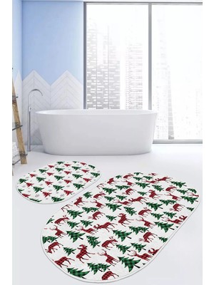 Rem Home Remhome Yılbaşı Temalı Geyik Çam Ağacı Ekose Motifli 2'li Oval Kaymaz Tabanlı Banyo & Mutfak Paspas Takımı Takım Banyo Paspası