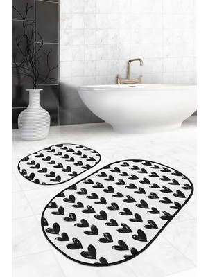 Rem Home Remhome Siyah Beyaz Kalp Motifli 2'li Oval Kaymaz Tabanlı Banyo & Mutfak Paspas Takımı Takım Banyo Paspası