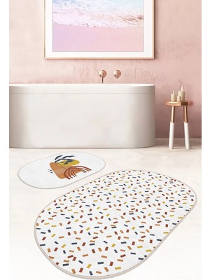Rem Home Remhome Renkli Geometrik Motifli 2'li Oval Kaymaz Tabanlı Banyo Paspas Takımı & Mutfak Paspas Seti Takım Banyo Paspası