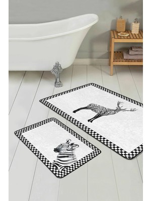 Rem Home Remhome Zebra Motifli Geytik Tasarımlı 2'li Banyo Paspas Takımı & Mutfak Paspas Seti Takım Banyo Paspası