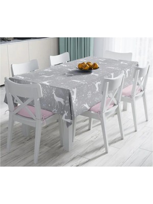 Rem Home Remhome Gri Zeminli Geyikler ve Kar Taneleri Tasarımlı Leke Tutmaz Masa ÖRTÜSÜ-120X140CM