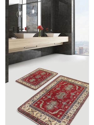 Rem Home Remhome 2'li Set Kırmızı Zeminde Anadolu Motifli Hereke Avangarde Etnik Motifler 2'li Banyo Paspas Takımı Takım Banyo Paspası