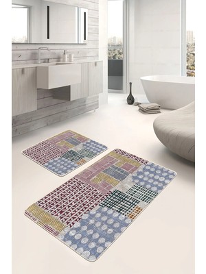 Rem Home Remhome 2'li Set Krem Zeminde Geometrik Motifli Boya Desenli Klasik Vintage 2'li Banyo Mutfak Paspas Takımı Takım Banyo Paspası
