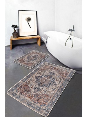 Rem Home Remhome 2'li Set Renkli Zeminde Soyut Motifli Kilim Eskitme Motifli Avangarde 2'li Banyo Paspas Takımı Takım Banyo Paspası