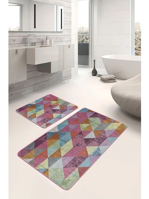 Rem Home Remhome 2'li Set Çok Renkli Zeminde El Dokuma Motifli Üçgen Geometrik Sade & Şık 2'li Banyo Paspas Takımı Takım Banyo Paspası