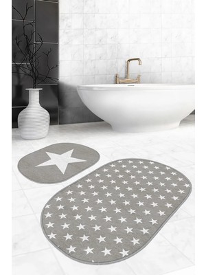 Rem Home Remhome Gri Zemin Yıldız Temalı Özel Tasarım 2'li Oval Kaymaz Tabanlı Banyo & Mutfak Paspas Takımı Takım Banyo Paspası