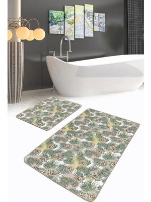 Rem Home Remhome Soft Kozalak Motifli Yaprak Tasarımlı 2'li Kaymaz Tabanlı Banyo & Mutfak Paspas Takımı Takım Banyo Paspası