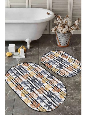 Rem Home Remhome Renkli Tropik Yapraklar Çizgili Özel Tasarım 2'li Oval Kaymaz Tabanlı Banyo & Mutfak Paspas Takımı Takım Banyo Paspası