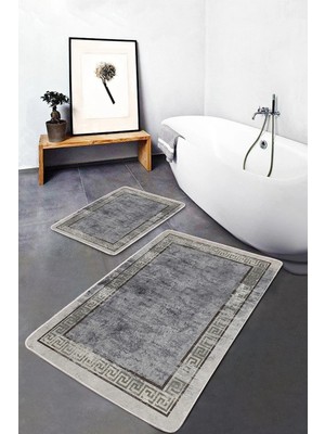 Rem Home Remhome 2'li Set Gri Zeminde Çerçeveli Motifli Antik Geometrik Eskitme Motifli 2'li Banyo Paspas Takımı Takım Banyo Paspası