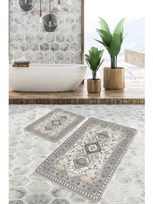 Rem Home Remhome 2'li Set Bej Zeminde Hereke Motifli Kilim Desenli Vintage Klasik 2'li Banyo & Mutfak Paspas Takımı Takım Banyo Paspası